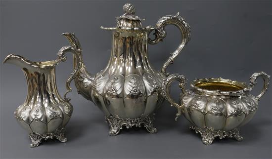 A Victorian three piece silver coffee set by Edward & John Barnard, London, 1858, gross 50.5 oz.